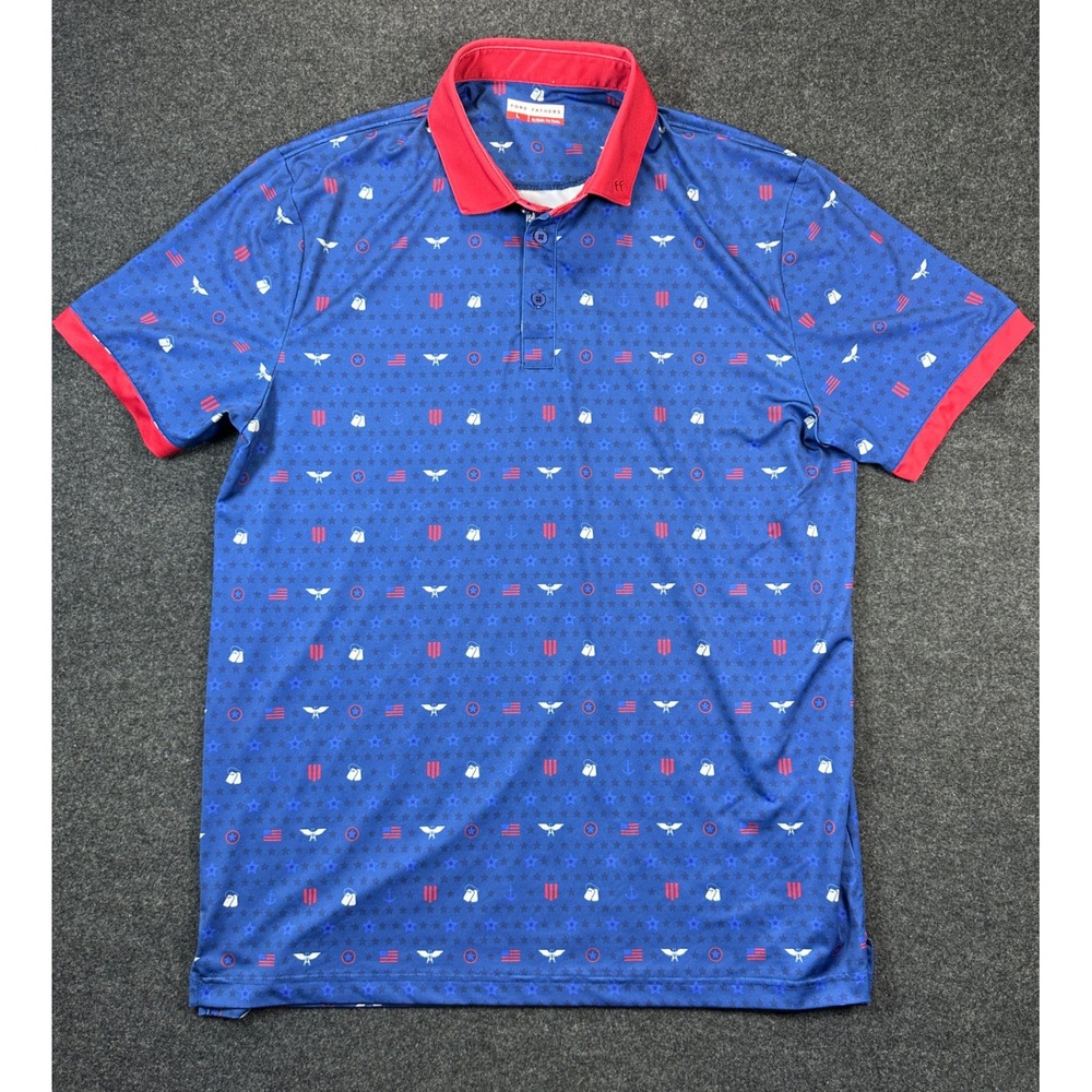 Fore Fathers Mens Golf Polo Shirt Blue Patriotic Stars Flags Eagle Large 0093
